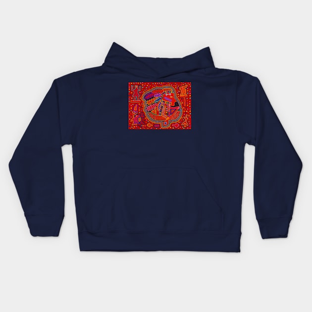 Kuna Indian in Canoe - Red Mola Kids Hoodie by Esprit-Mystique